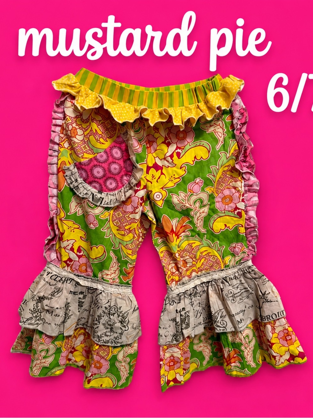 Mustard Pie Green & Yellow Floral big Ruffle Bottoms EUC 6/7